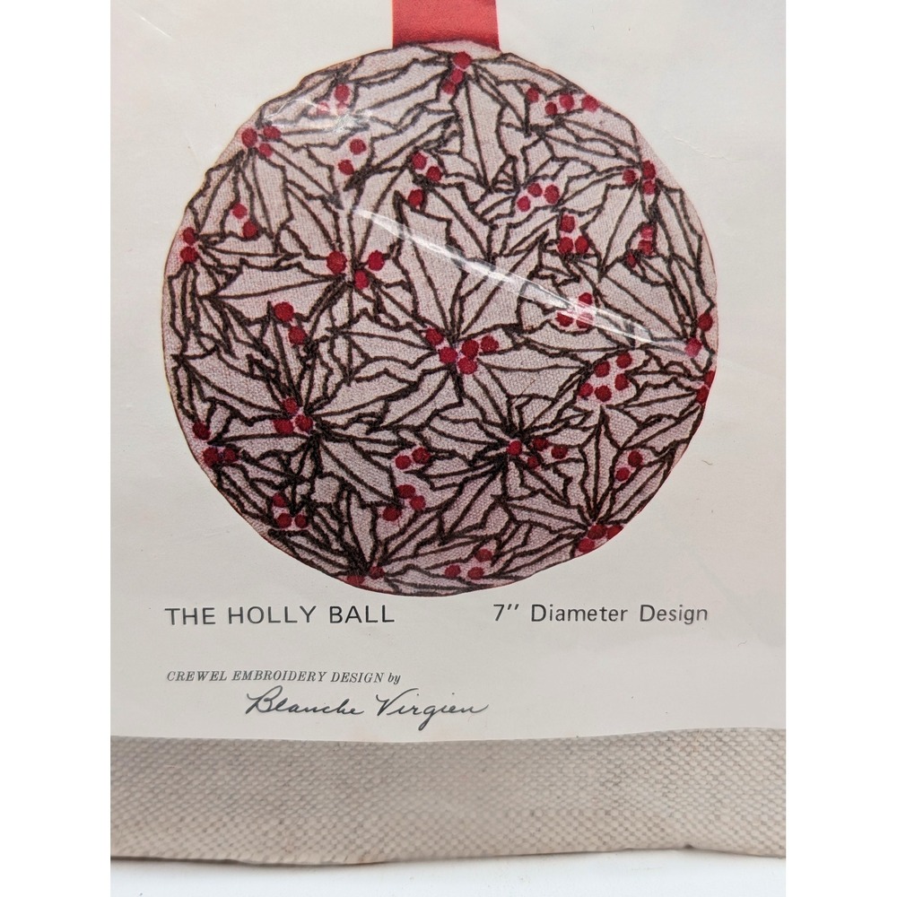 Vintage Blanche Virgien The Holly Ball Crewel Embroidery Kit Christmas 7 Inch